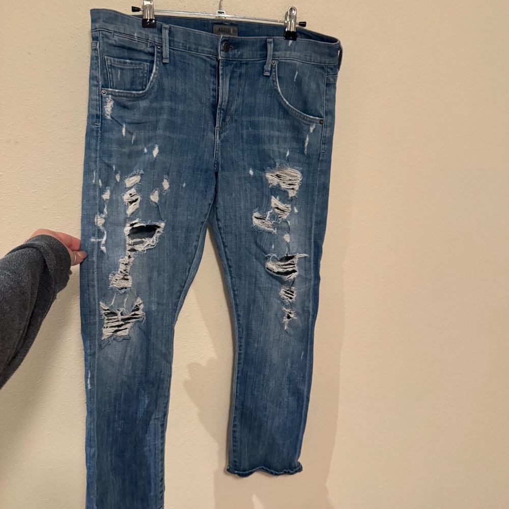 Agolde Distressed Light Blue Slim Straight Jeans